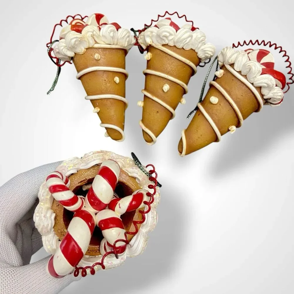 4 Vintage Christmas Ornaments Lot Ice Cream Cone Candy Cane Peppermint Swirl